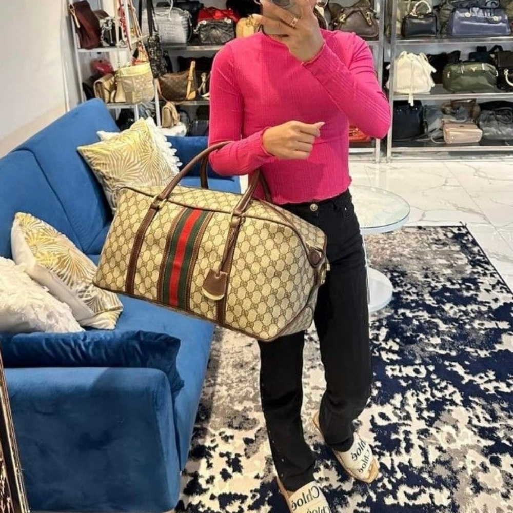 Authentic Vintage Gucci GG Monogram Supreme Sherry Web Duffel Weekender Carry On